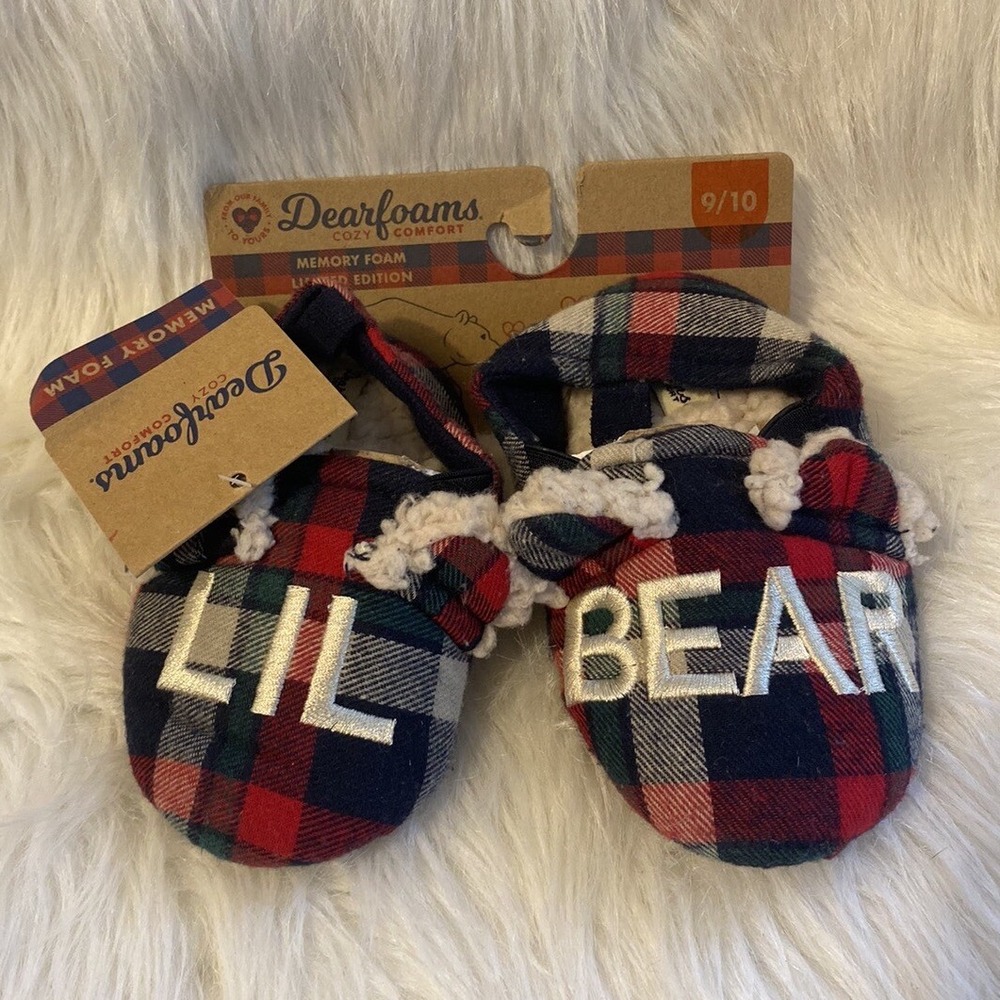 Dearfoams Slippers Toddler Size 9/10 Plaid "Lil Bear" Slippers Memory Foam Shoes